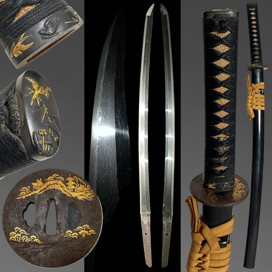 Long Wakizashi with Shakudo Bird Fuchikashira and Gold inaly Tsuba, Edo period mumei