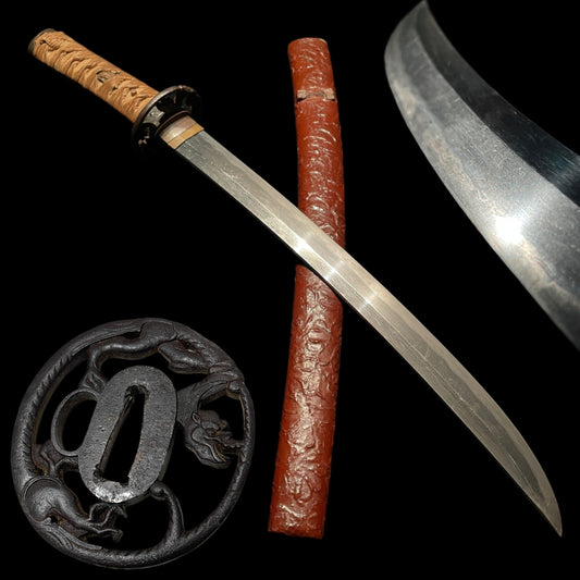 Red Shobuzukuri Wakizashi, Dragon Tsuba, Peony Fuchikashira, Muromachi period mumei