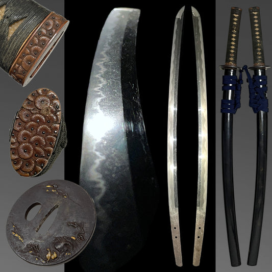 Pine needles Copper Fuchikashira, Bishuosafune Arimitsu signed Long Wakizashi