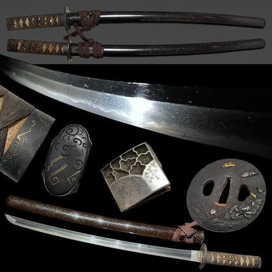 Thundercloud 雷雲 Fuchikashira Long Wakizashi, Peony and Butterfly Tsuba