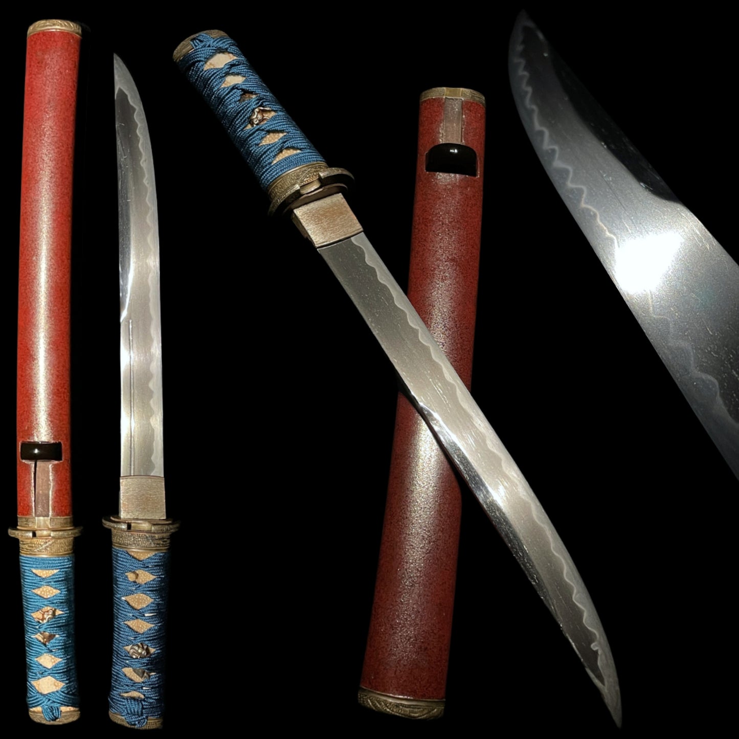 Matsushiro Koshirae 松代拵 Red TANTO, Brass Fittings 真鍮一作金具, Edo period mumei