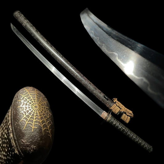 Long WAKIZASHI, Spider Web Kojiri, Signed Tosho TSUBA, Rayskin Scabbard