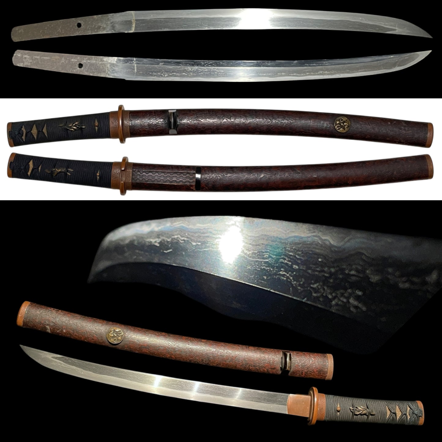 KATAHIRAZUKURI 片平造 Sunnobi-TANTO 寸延短刀, Masamehada 柾目肌, Copper Fittings