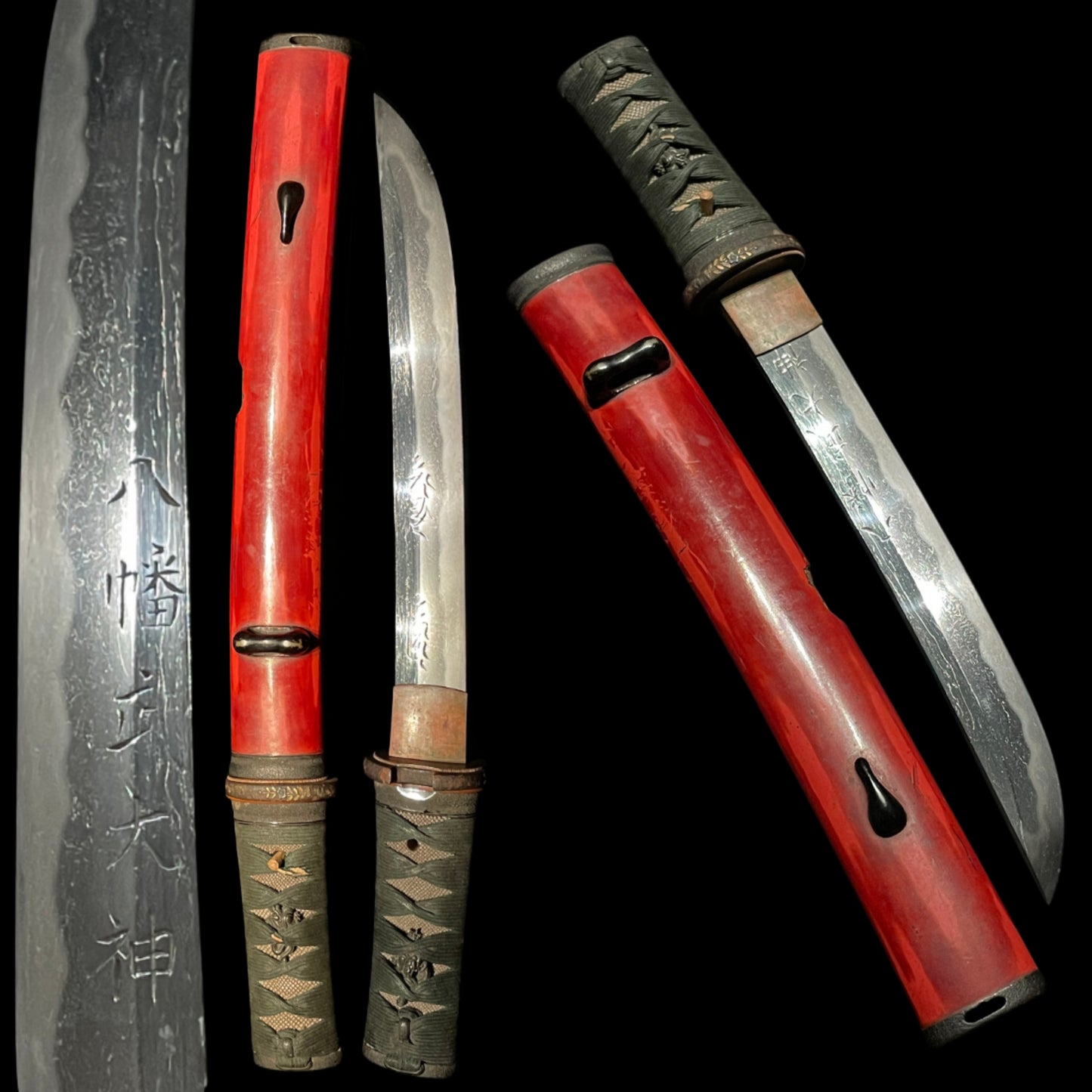 HORIMONO Red Tanto, 八幡武大神 梵字, Shakudo Dragon Menuki, Edo period mumei