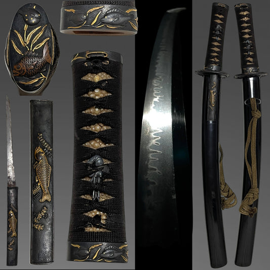 Fish and shellfish Fittings, Amazing Hamon Wakizashi, Edo period mumei