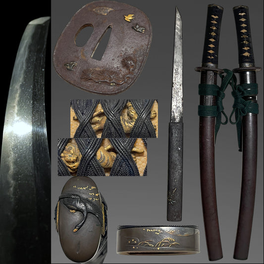 Tiger Menuki Wakizashi with Kozuka, Moon and Geese Fittings, Edo period mumei