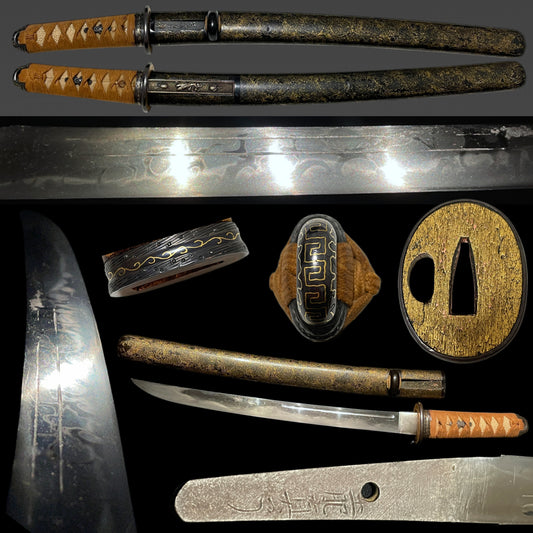 HITATSURA 皆焼 Wakizashi, Doi Shinryo 土肥真了 signed, Mantis Kozuka, Edo period