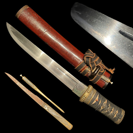 Red Matsushiro Koshirae Tanto, 松代拵短刀, with Kozuka and Kogai, Edo period mumei