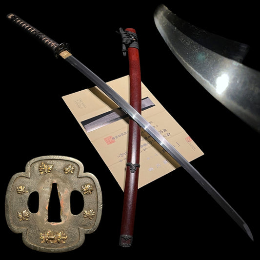 Late KAMAKURA period Ko-Mihara 古三原 Long KATANA, Red handachi Koshirae 朱塗半太刀拵