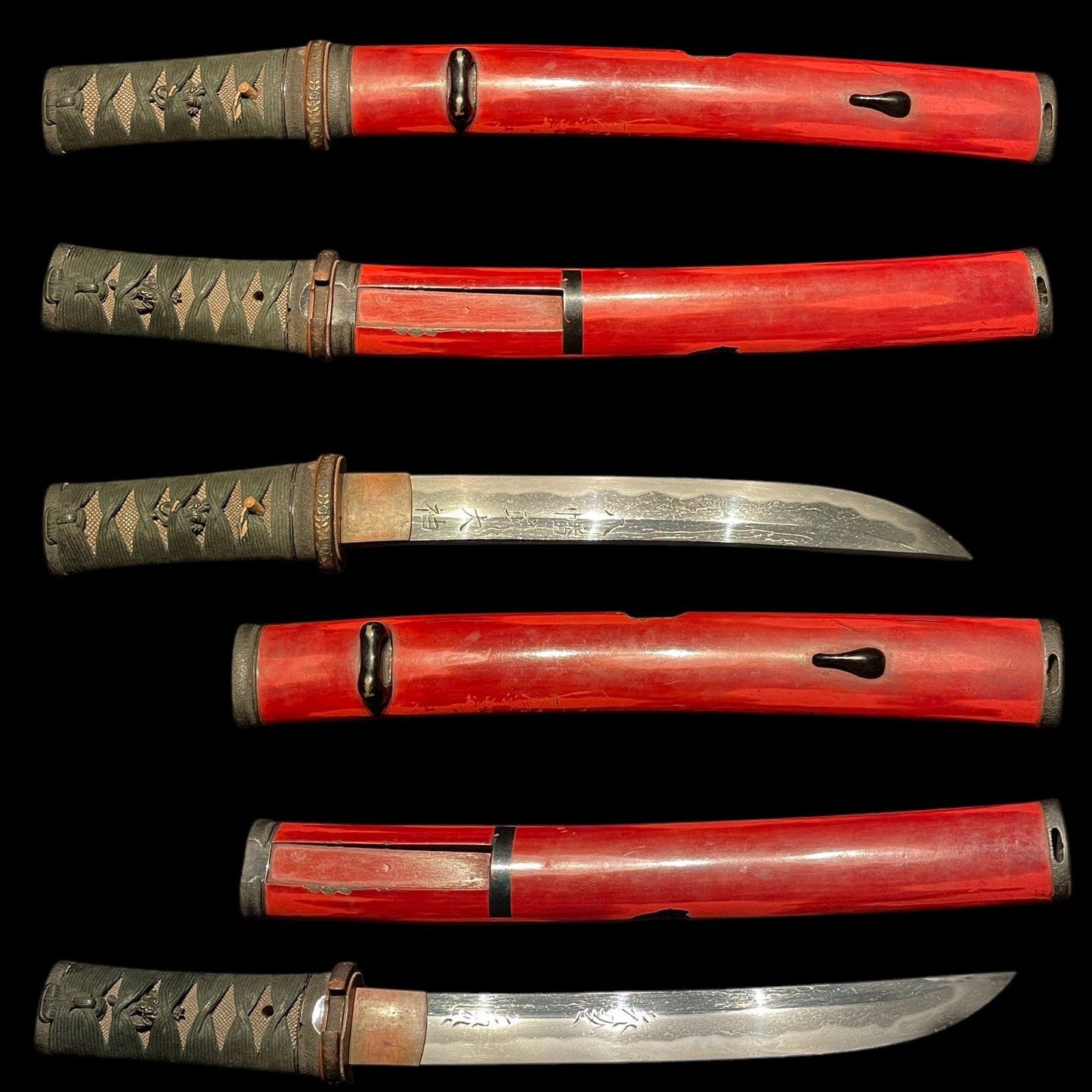 HORIMONO Red Tanto, 八幡武大神 梵字, Shakudo Dragon Menuki, Edo period mumei