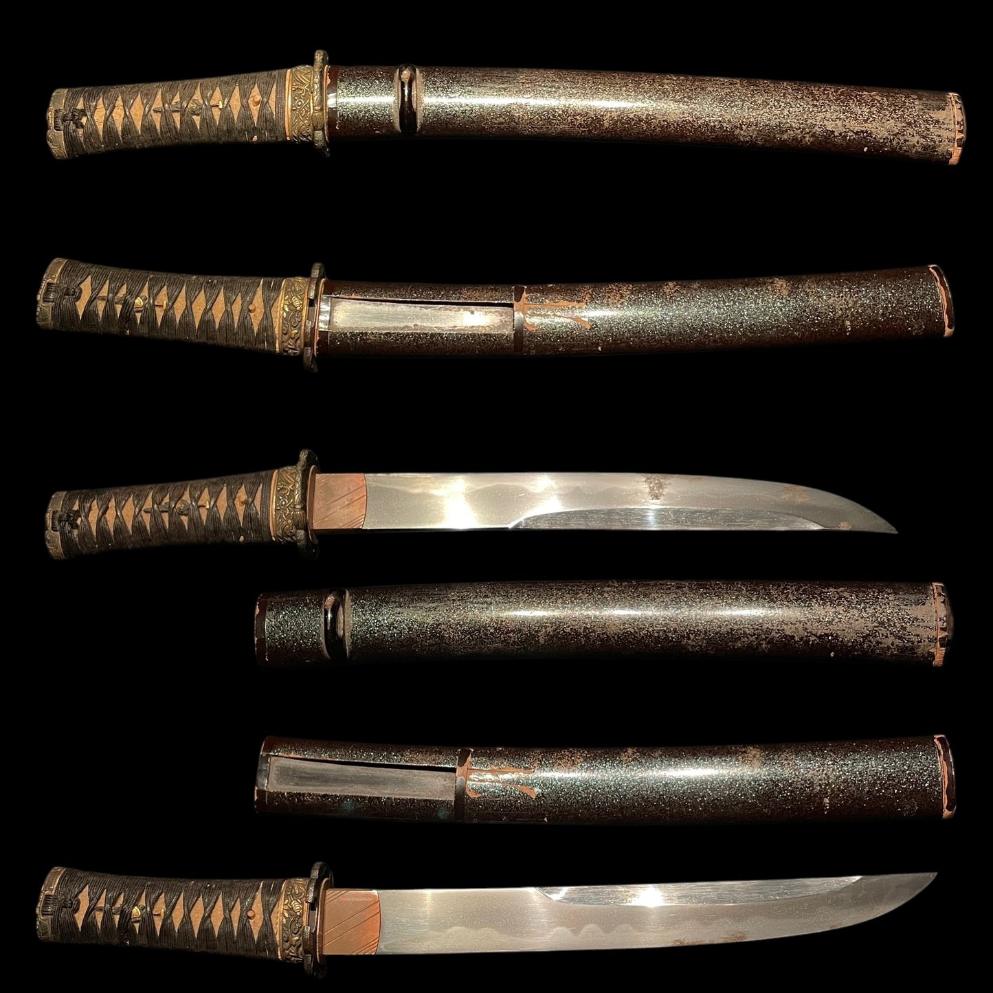 Unokubi TANTO, Mino style Mantis Fuchikashira, 堺包重鶴田新蔵 signed, Hanaguruma Tsuba