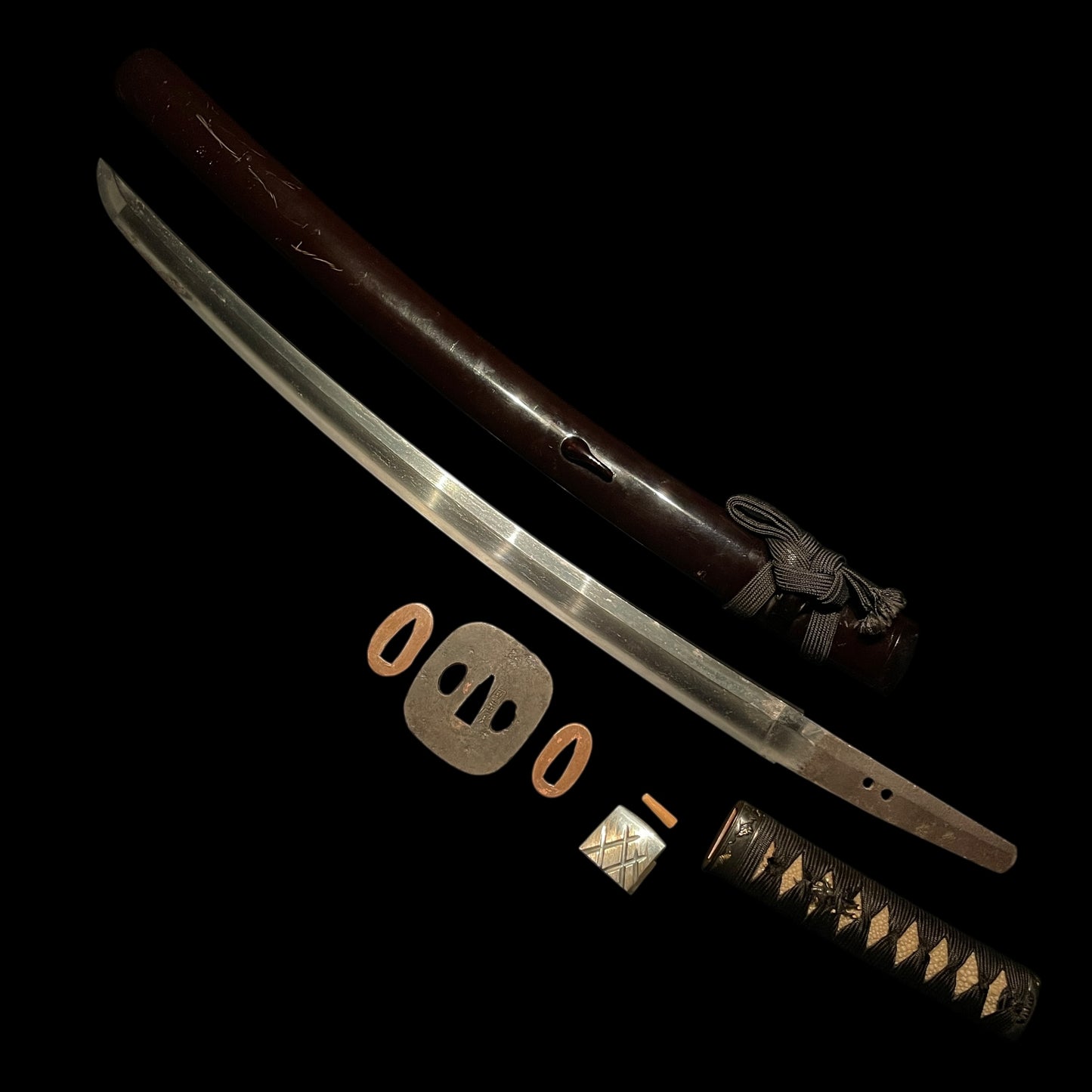 Landscape Fuchikashira 風景図縁頭, Oozori Wakizashi,  Signed Tsuba, Kashu Habaki