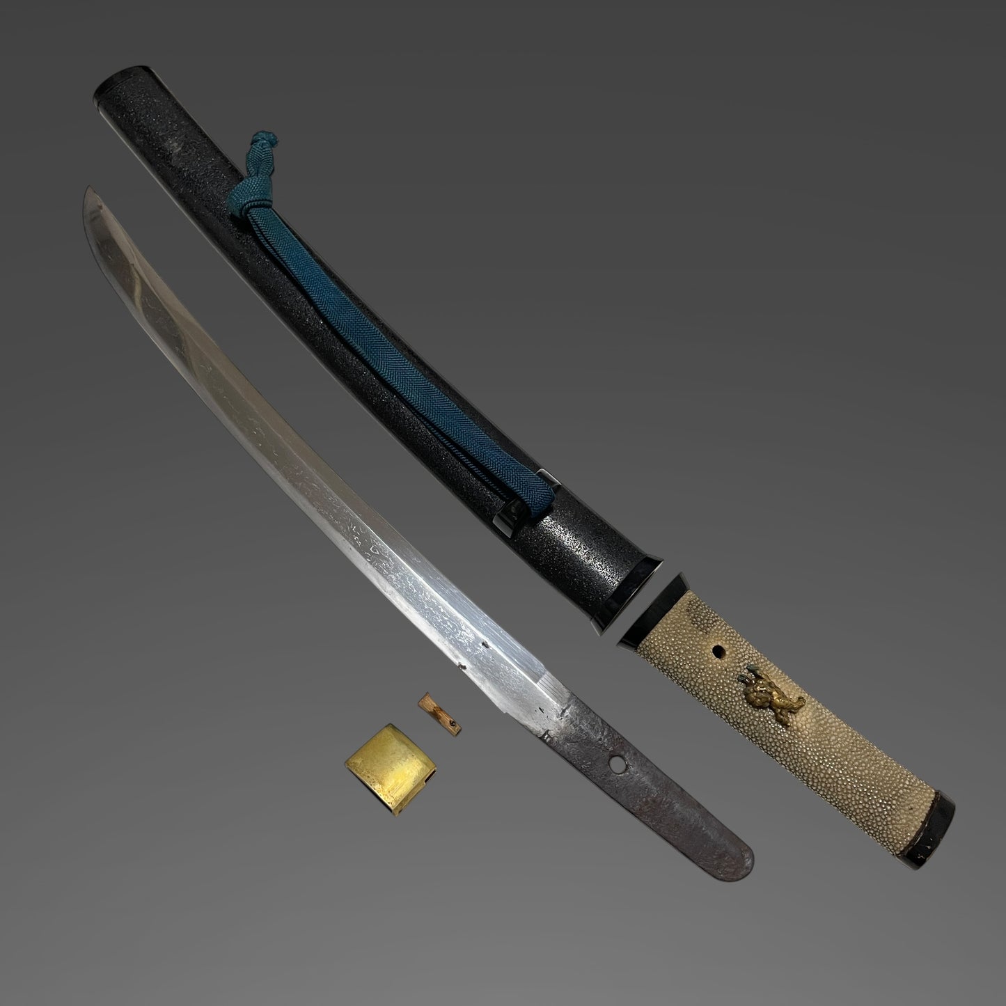 Shobuzukuri Aikuchi Wakizashi 菖蒲造合口脇差, Golden Shishi Menuki, Edo period mumei