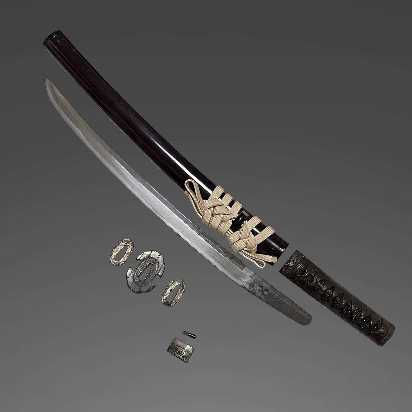 Masaie 正家 signed, Shobuzukuri Wakizashi, Peonies and butterflies Fuchikashira, Muromachi period