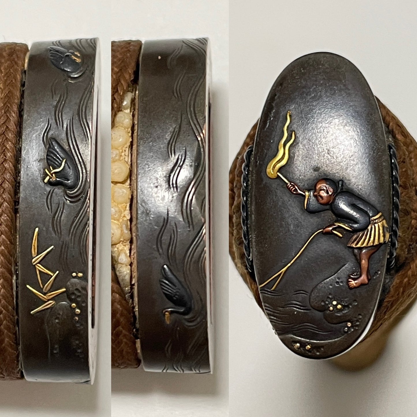 Ccormorant Fishing 鵜飼 Fittings Wakizashi, Kikuchi Tsunesada 菊池序定 signed Fuchi