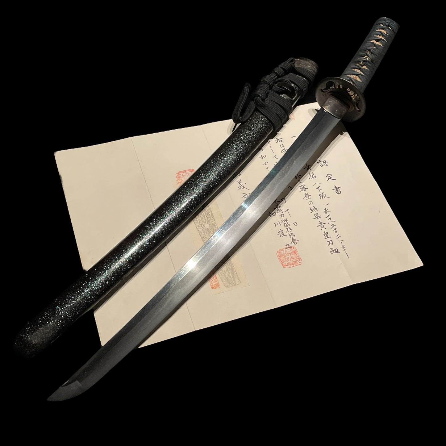 Shimosaka 下坂 Wakizashi, Mogarashi Soten 藻柄子宗典 signed Fuchikashira