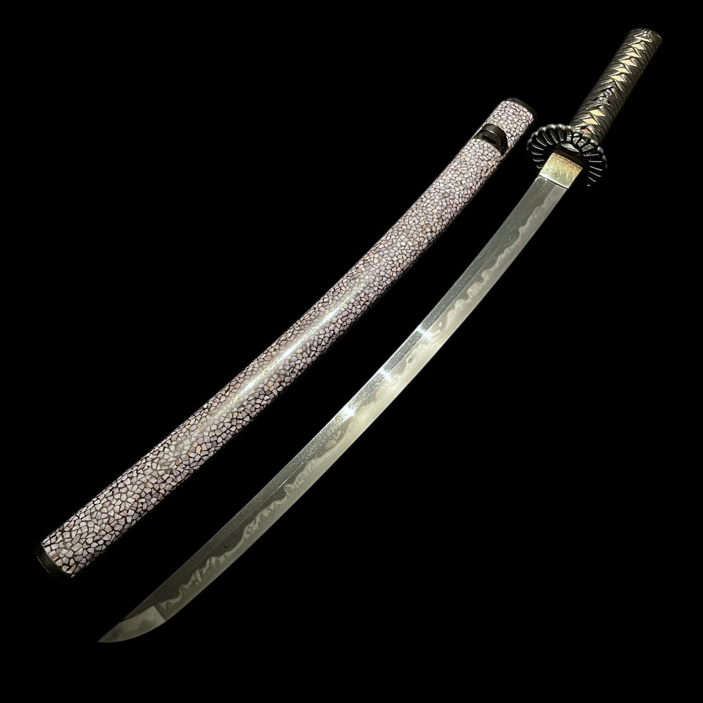 Amazing Hamon Long WAKIZASHI, Raden Koshirae 螺鈿拵, Katsumitsu 勝光 signed