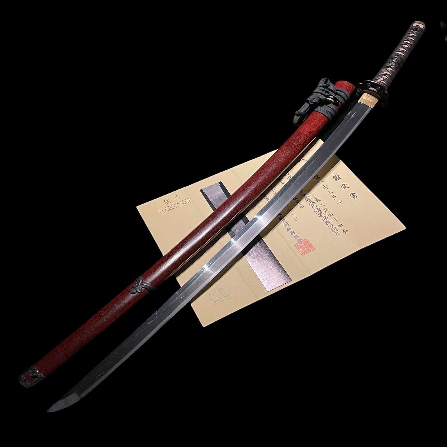 Late KAMAKURA period Ko-Mihara 古三原 Long KATANA, Red handachi Koshirae 朱塗半太刀拵