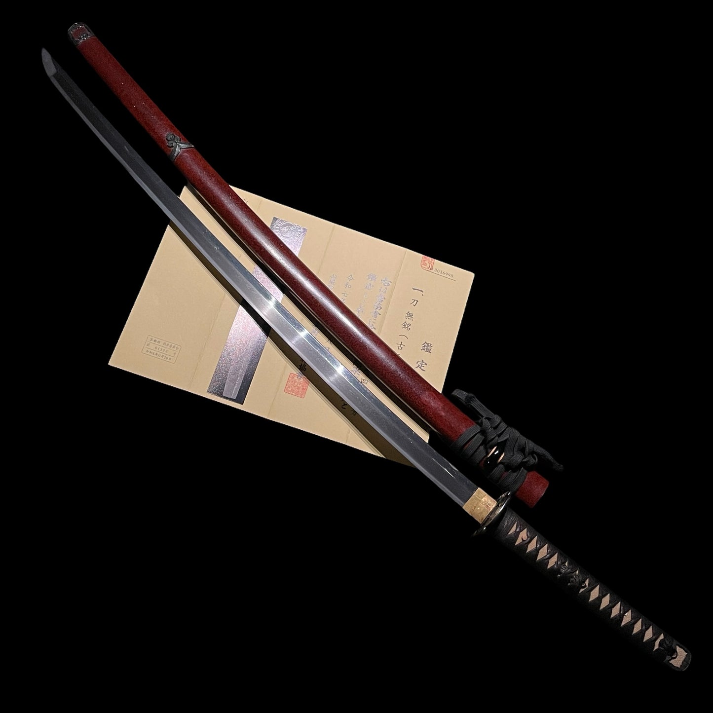 Late KAMAKURA period Ko-Mihara 古三原 Long KATANA, Red handachi Koshirae 朱塗半太刀拵