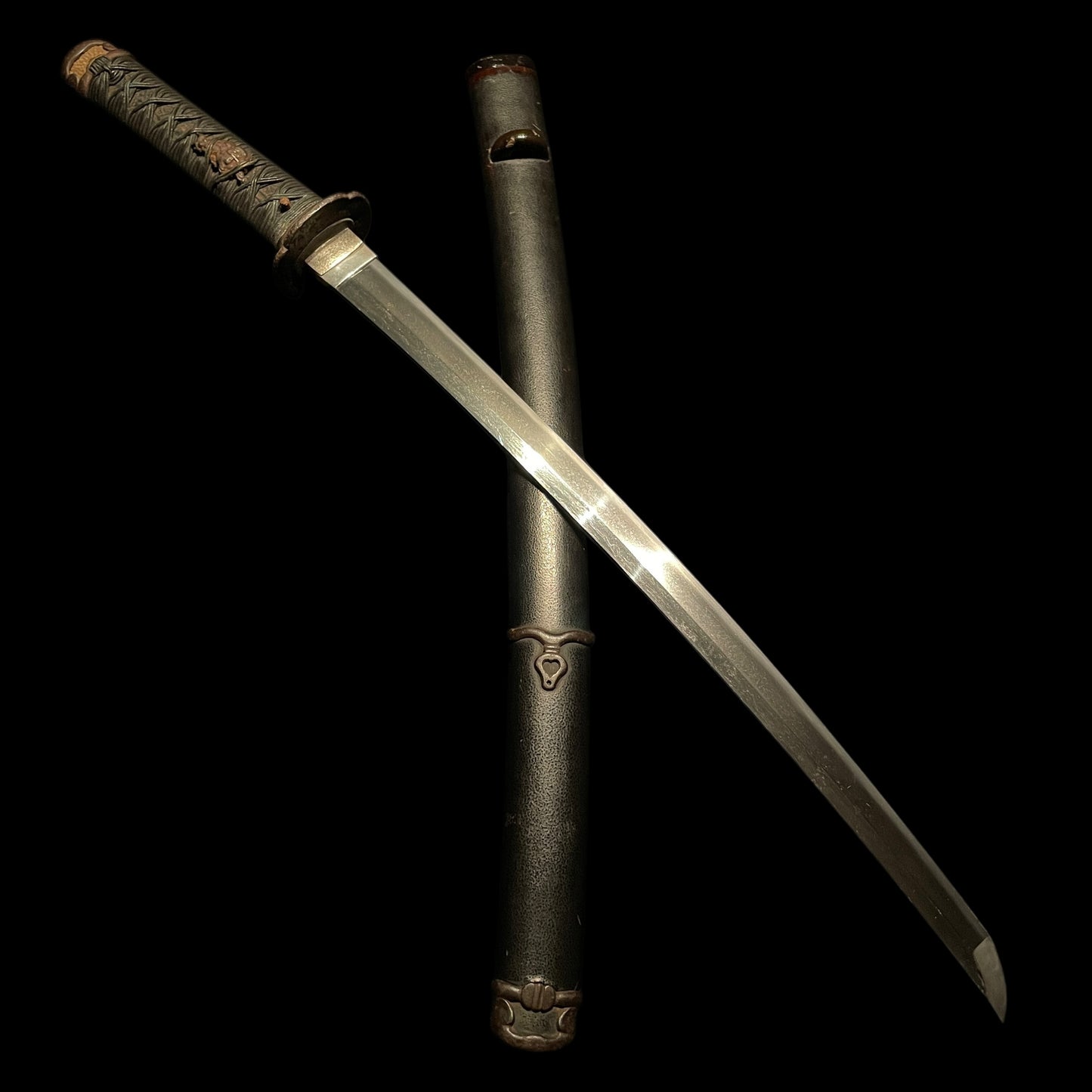 Handachi Koshirae 半太刀拵鉄一作金具 WAKIZASHI, Iron Large Menuki, Munehisa 宗久 signed