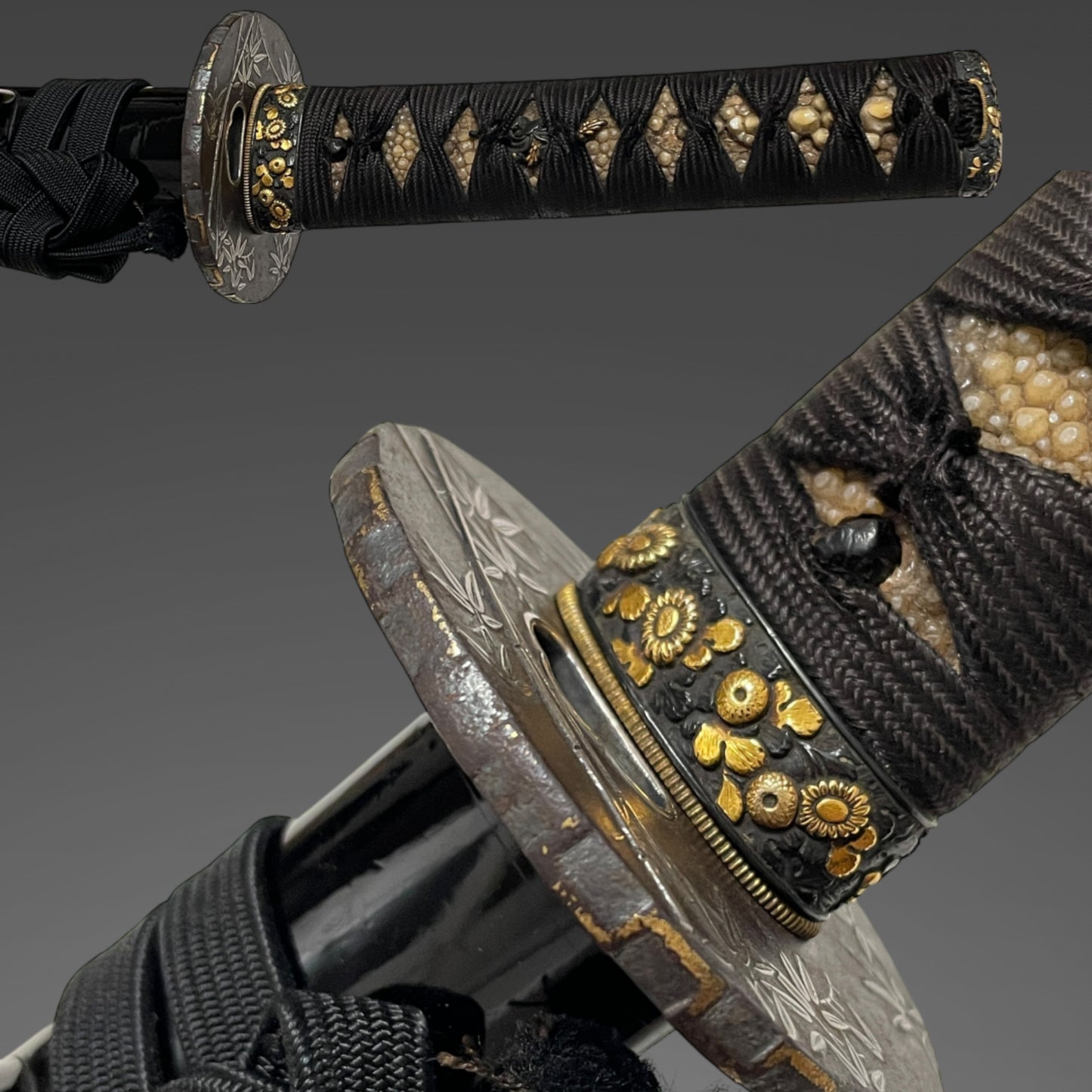 HITATSURA 皆焼 Yasuhiro signed Long WAKIZASHI, 江州彦根住藻柄子宗典 signed Fuchi