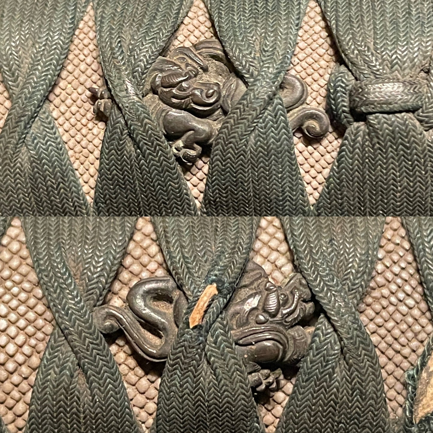 HORIMONO Red Tanto, 八幡武大神 梵字, Shakudo Dragon Menuki, Edo period mumei