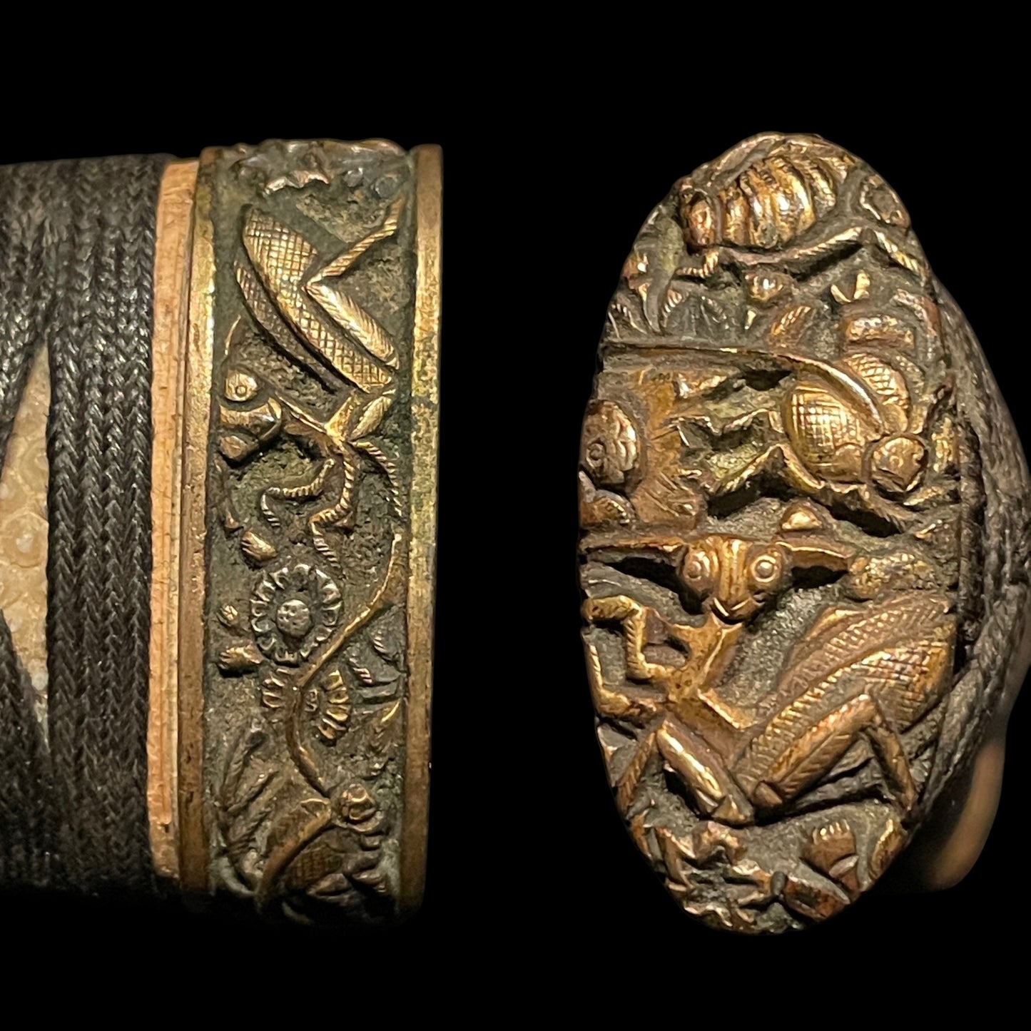 Unokubi TANTO, Mino style Mantis Fuchikashira, 堺包重鶴田新蔵 signed, Hanaguruma Tsuba