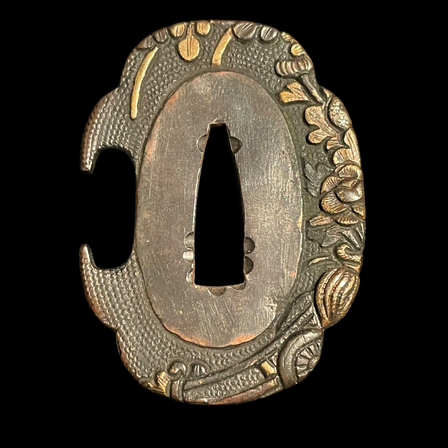 Unokubi TANTO, Mino style Mantis Fuchikashira, 堺包重鶴田新蔵 signed, Hanaguruma Tsuba