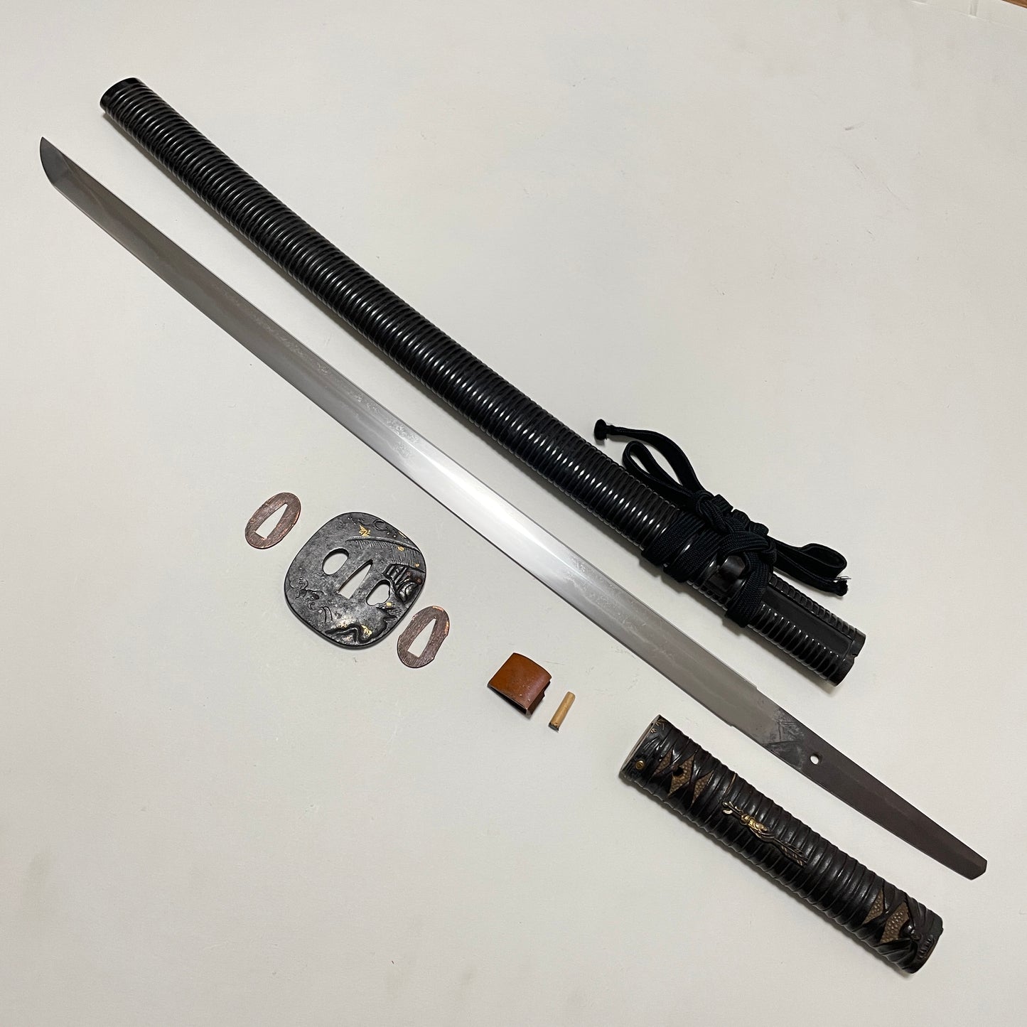 Sendankizami-Saya 千段刻鞘 Long Wakizashi, Ninja Style Straight blade, Edo period mumei