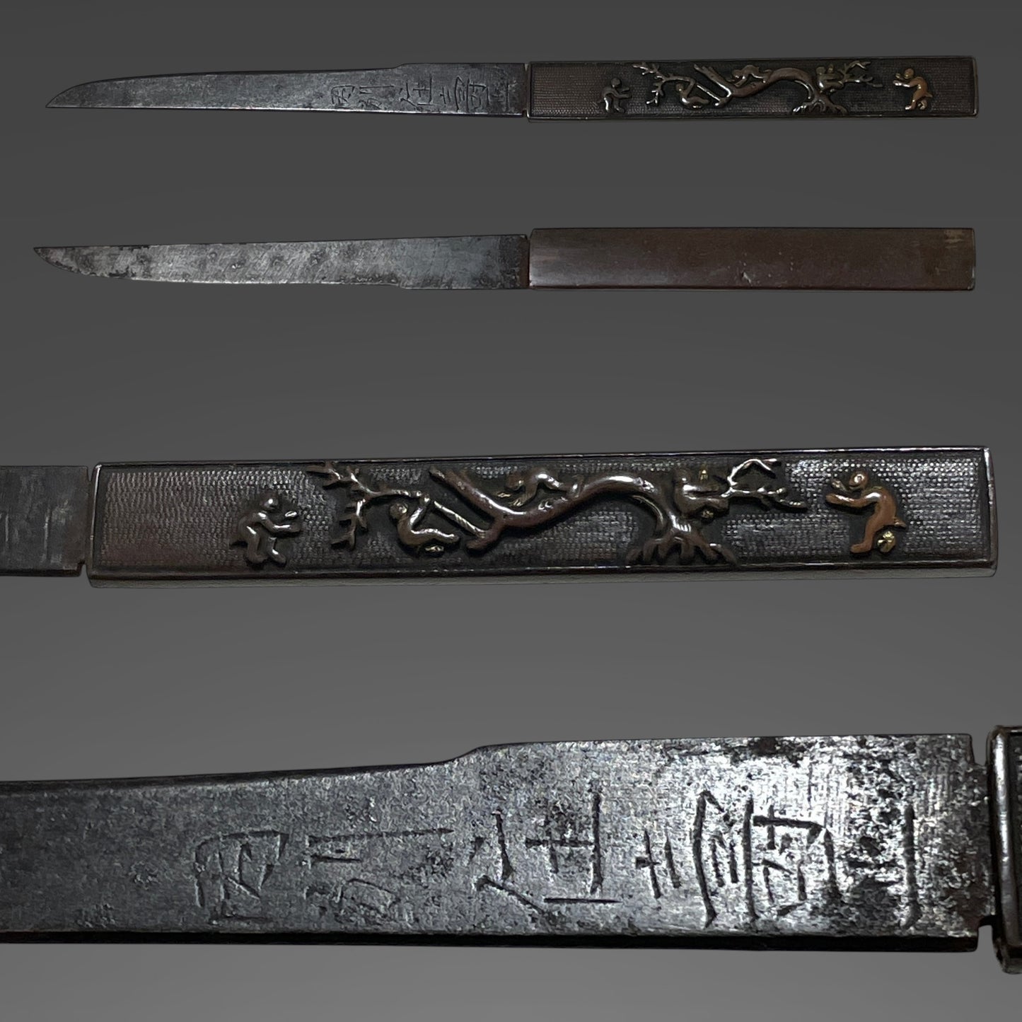 Ookissaki 大切先 Wakizashi, Dragon Fuchikashira, 因州住壽正 signed Kozuka, Edo period mumei