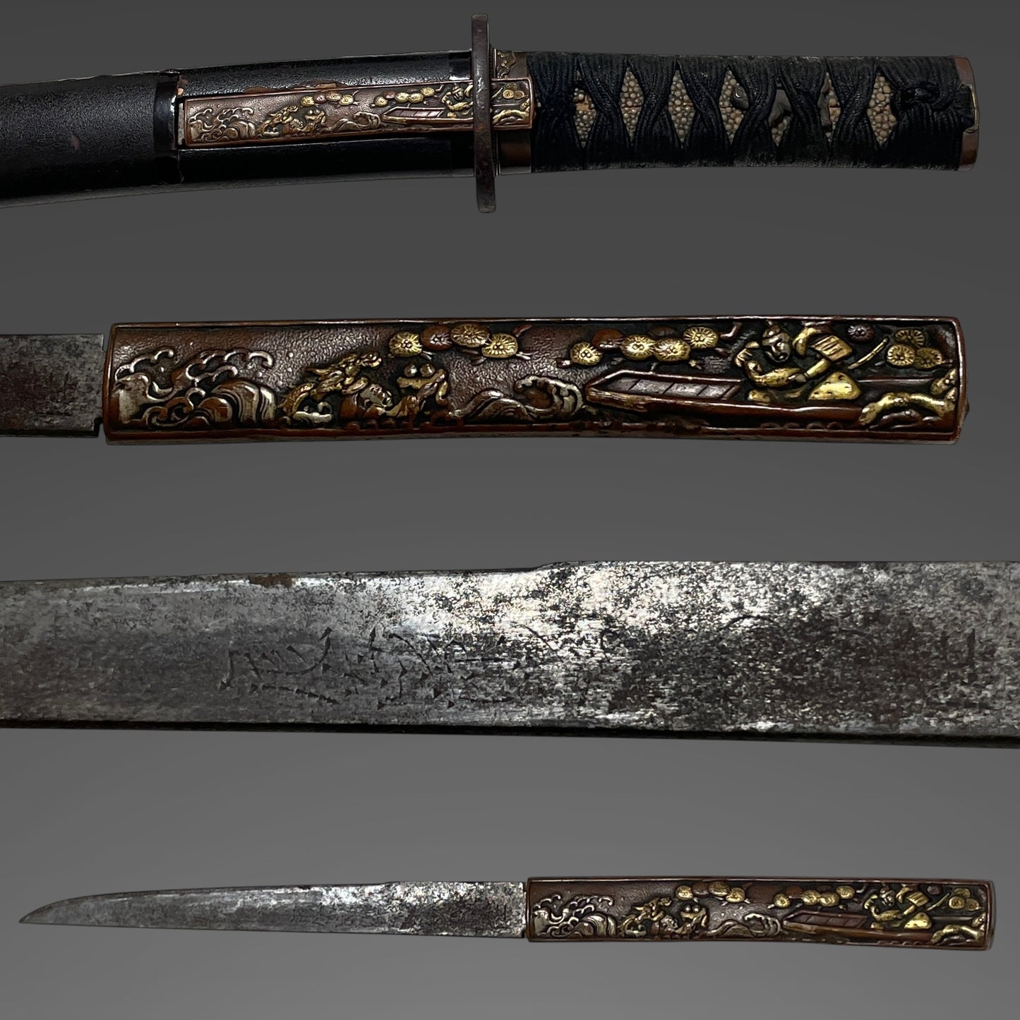 Shobuzukuri Wakizashi, Tiger Menuki, with Kozuka, Edo period mumei