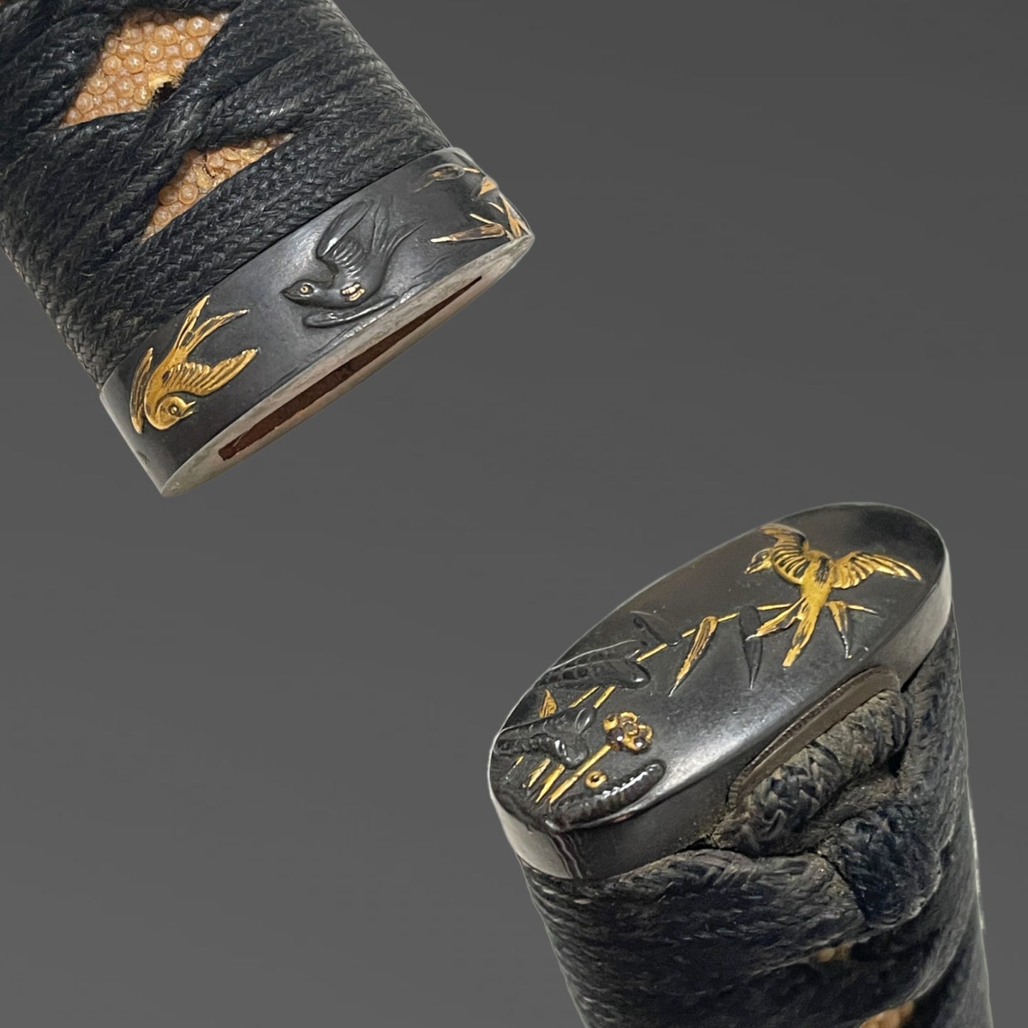 Long Wakizashi with Shakudo Bird Fuchikashira and Gold inaly Tsuba, Edo period mumei