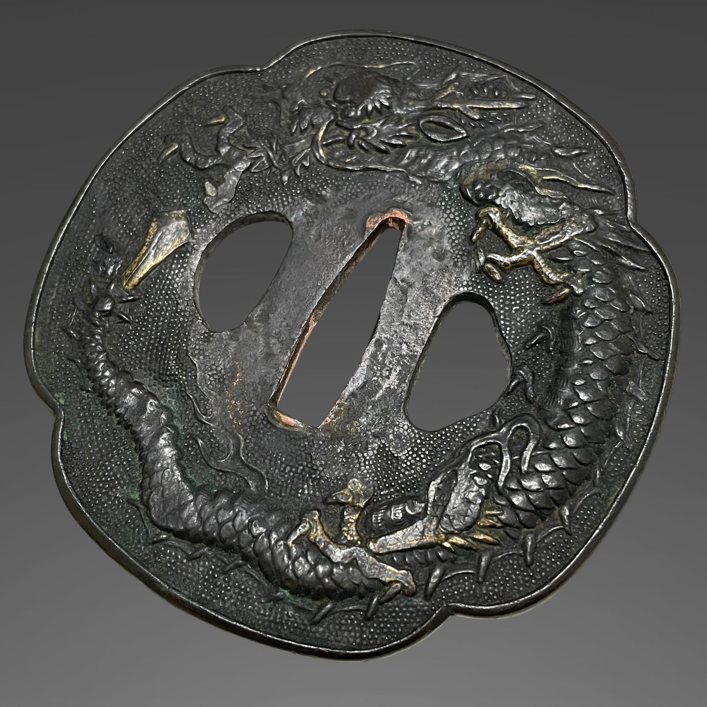 Red Long KATANA, Bat Fuchikashira, Dragon Tsuba, Inrokizami-Saya 印籠刻鞘, Edo period mumei
