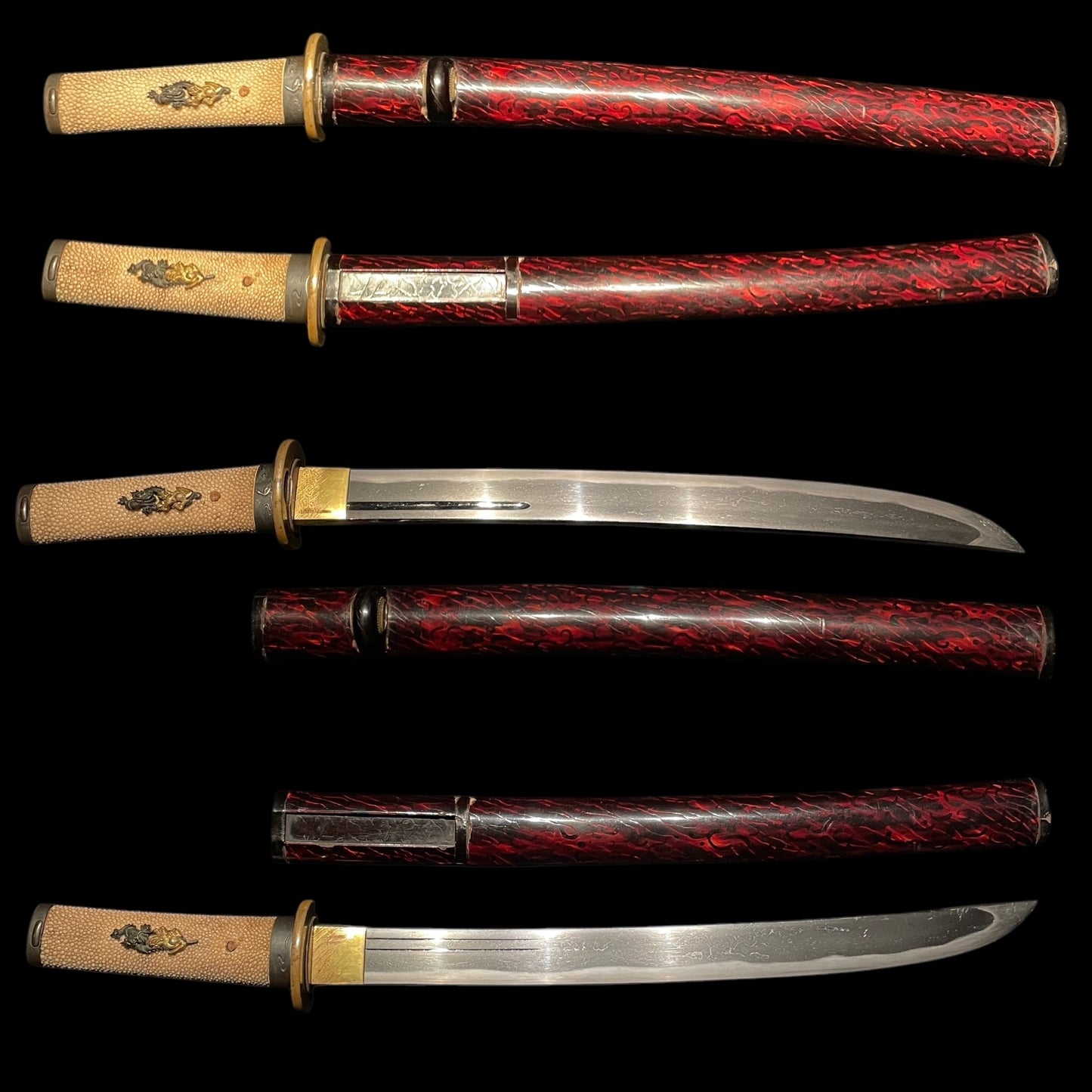 Hirazukuri Red Wakizashi 平造脇差, Dragon Lion Menuki 龍獅子目貫, Edo period mumei