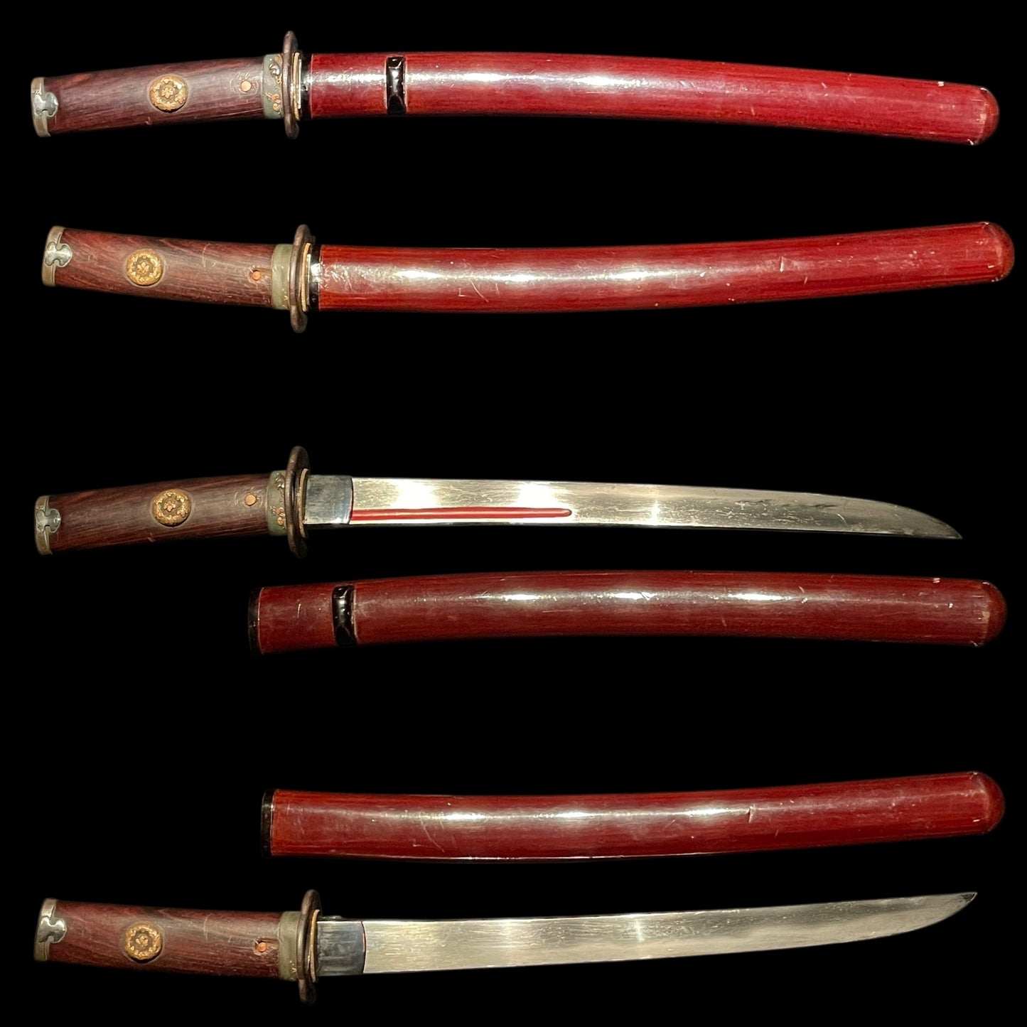 Red Wakizashi, Nobuhisa 宣壽 signed Tsuba, 朱塗腰樋 Red Koshibi, Edo period mumei