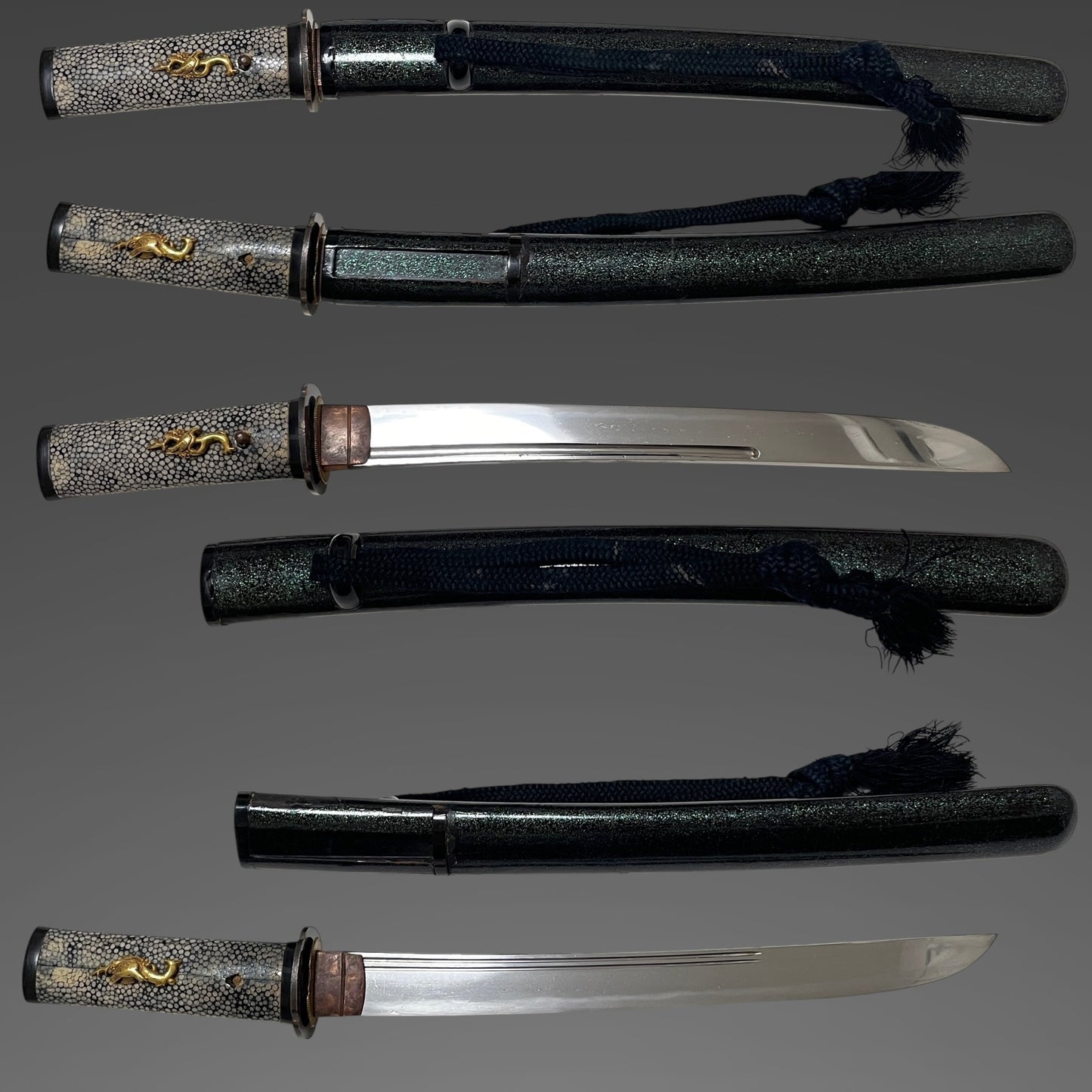 Aogaimijin-Saya 青貝微塵鞘 TANTO,  Bishuosafune Sukesada August 1574 備州長船祐定 天正二年八月日 signed