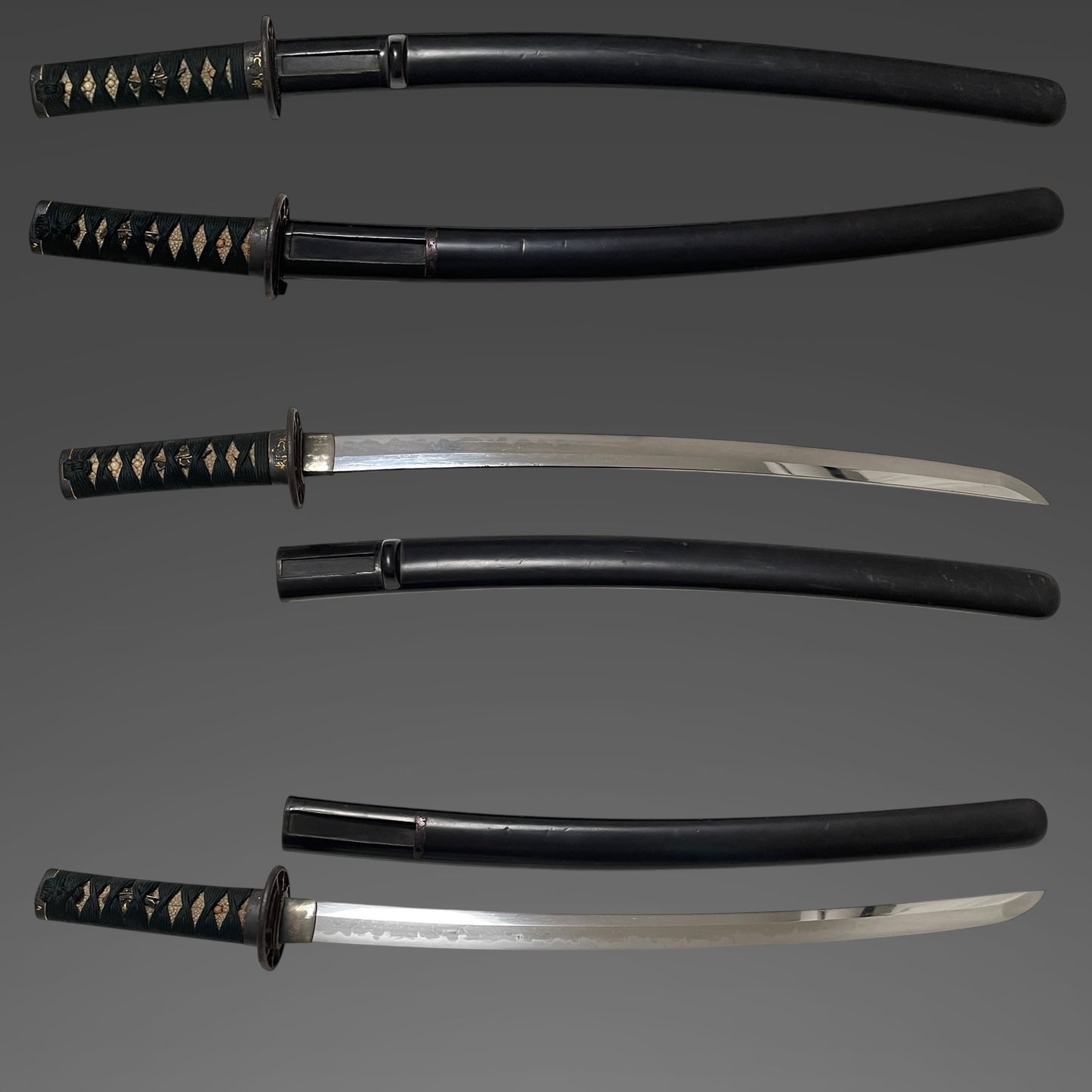 Stunning Hamon Black Wakizashi, Kobayashi Hiroshige 小林廣重 signed Fuchi, Edo period mumei