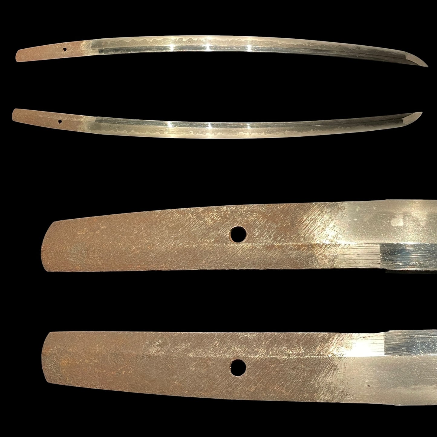 Stunning Hamon Black Wakizashi, Kobayashi Hiroshige 小林廣重 signed Fuchi, Edo period mumei