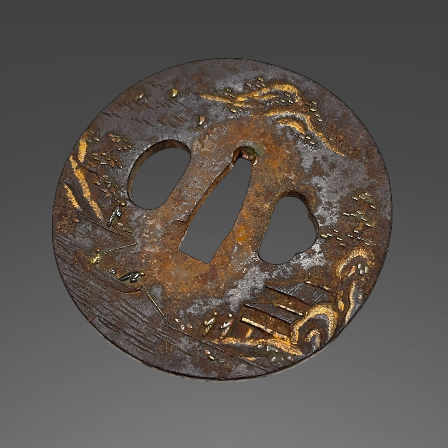 Long Wakizashi, Furukawa Genchin signed Fuchi, Samurai Menuki, Edo period mumei