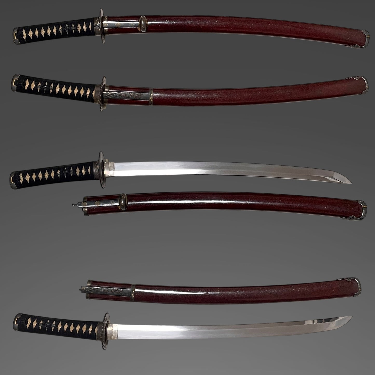 Red Wakizashi Shibuichi Fittings 四分一金具, Signed Fuchi, with Kozuka Kogai,  Edo