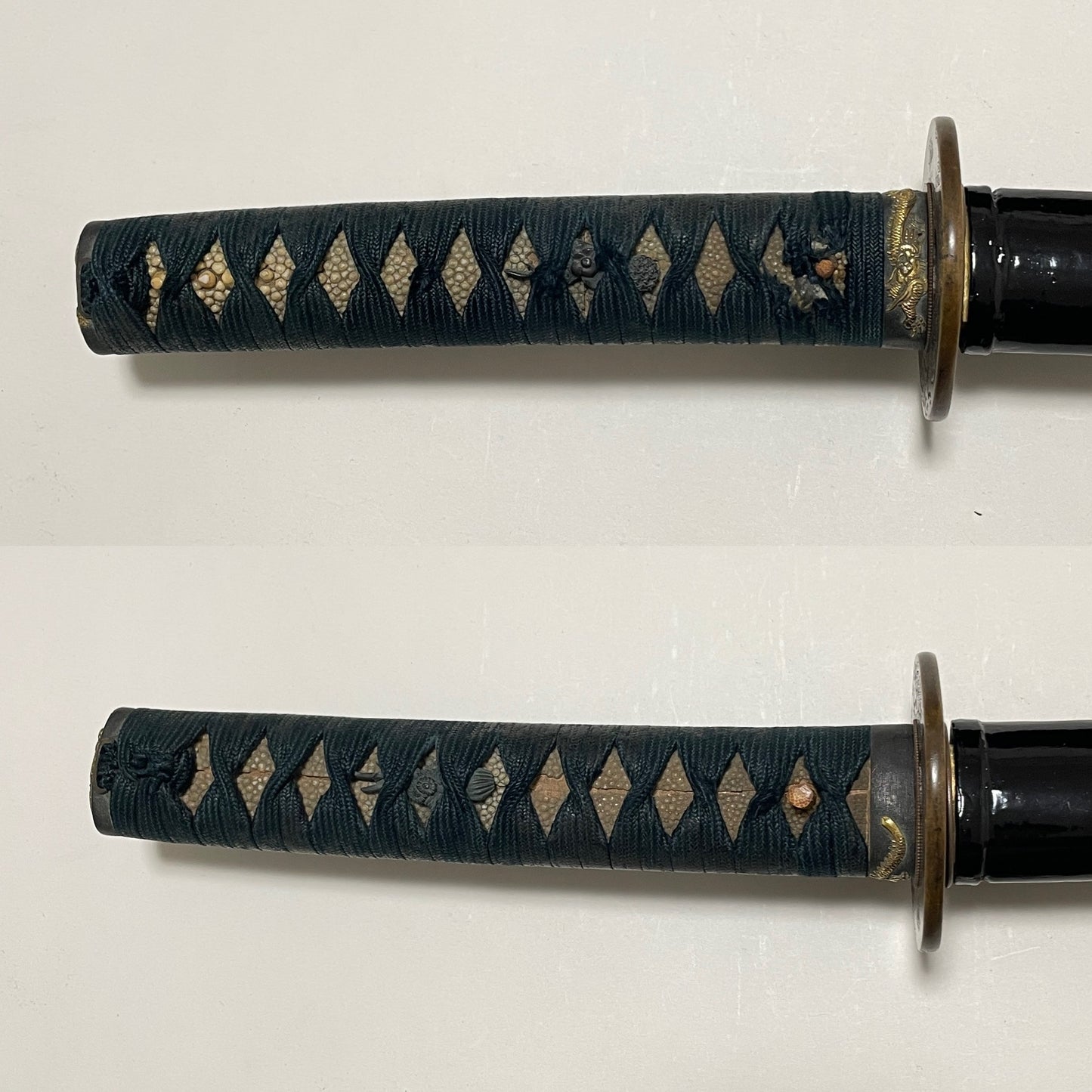 Dragon Fuchikashira, Bishuosa 1470s 備州長 文明二年 signed Long Wakizashi, Brass Tsuba