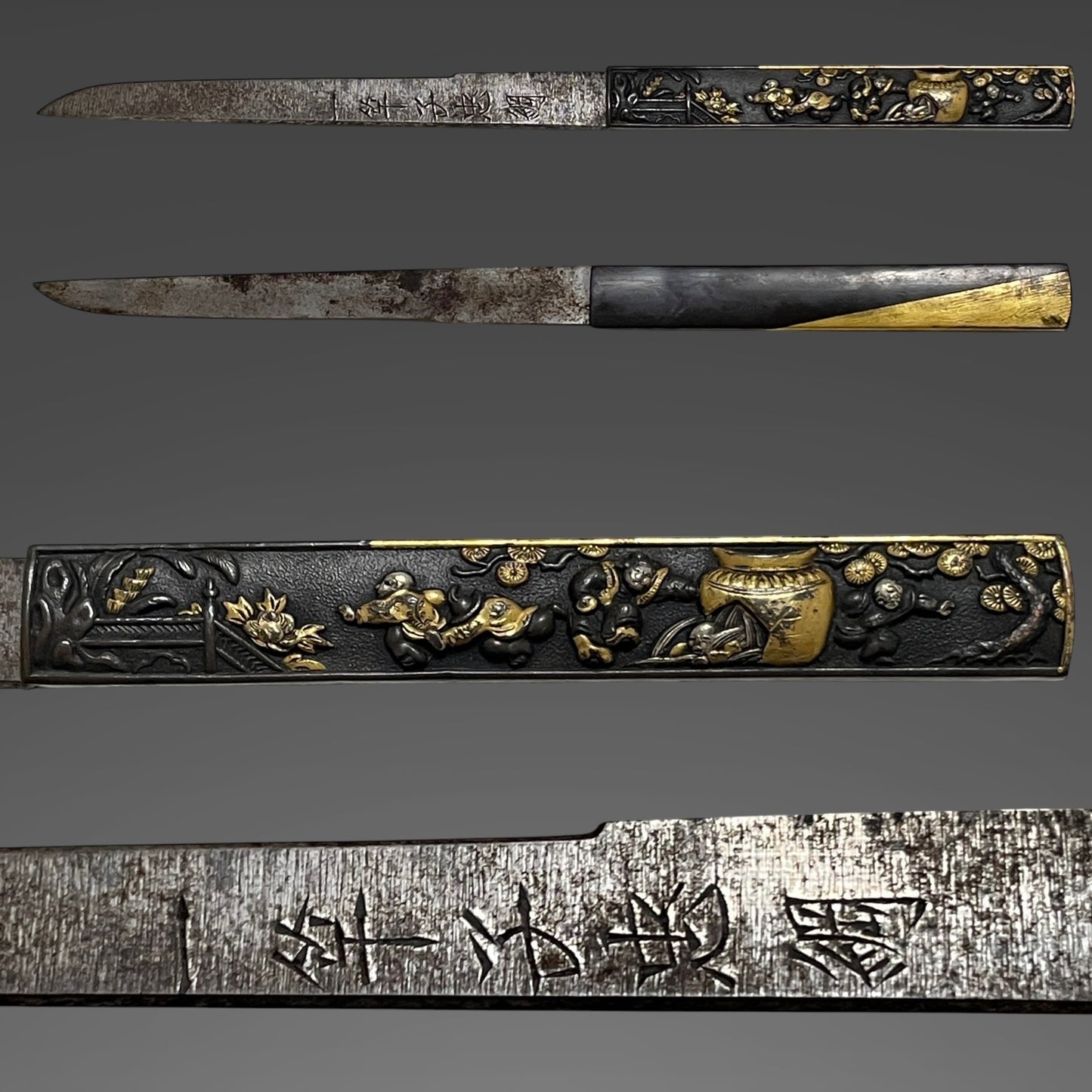 Mito Sukemitsu 水戸祐光 TANTO, 茶変塗鞘短刀拵, with Kozuka and Wari-Kogai, Edo period