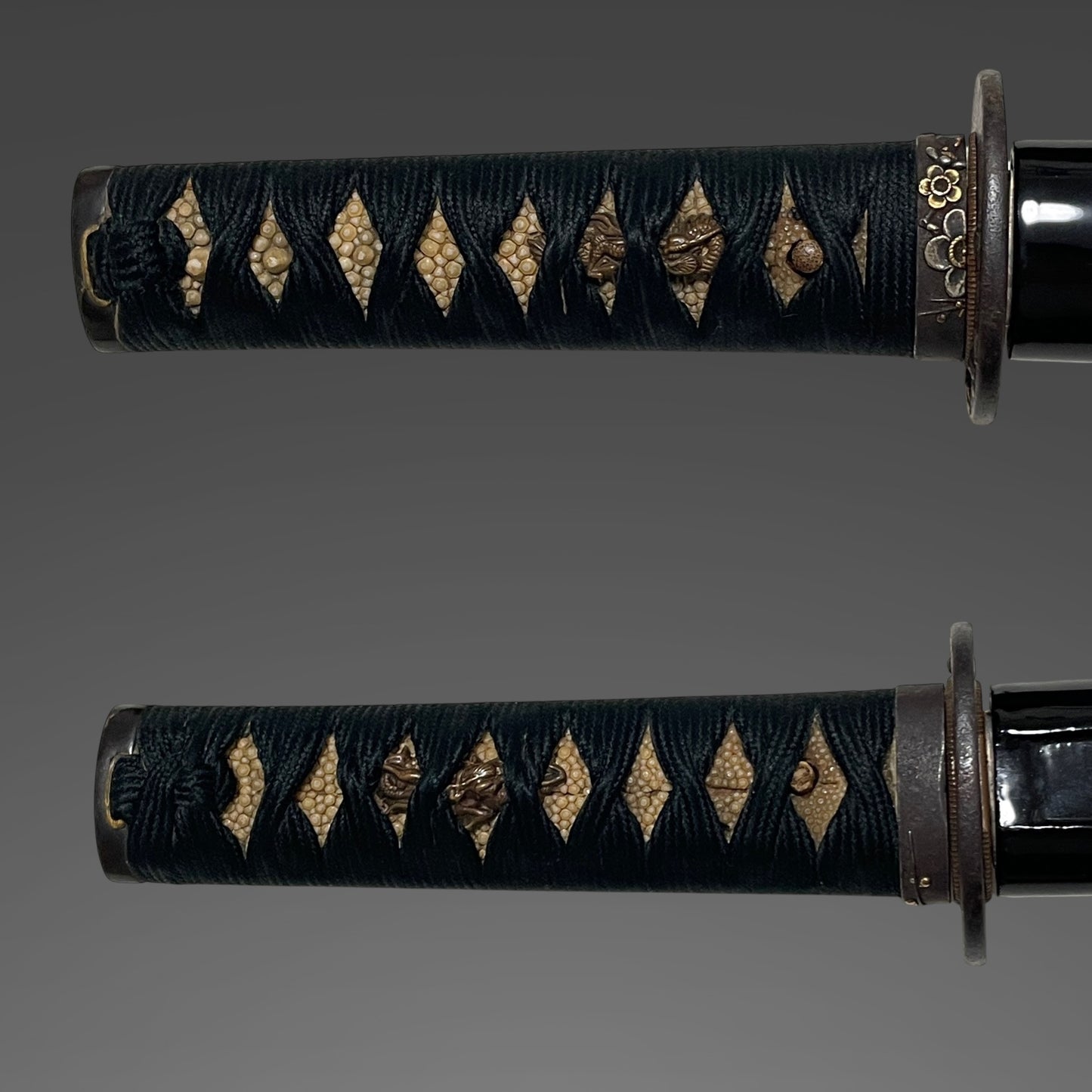 Short Black Wakizashi, Dragon Menuki and Bird Tsuba, Edo period mumei