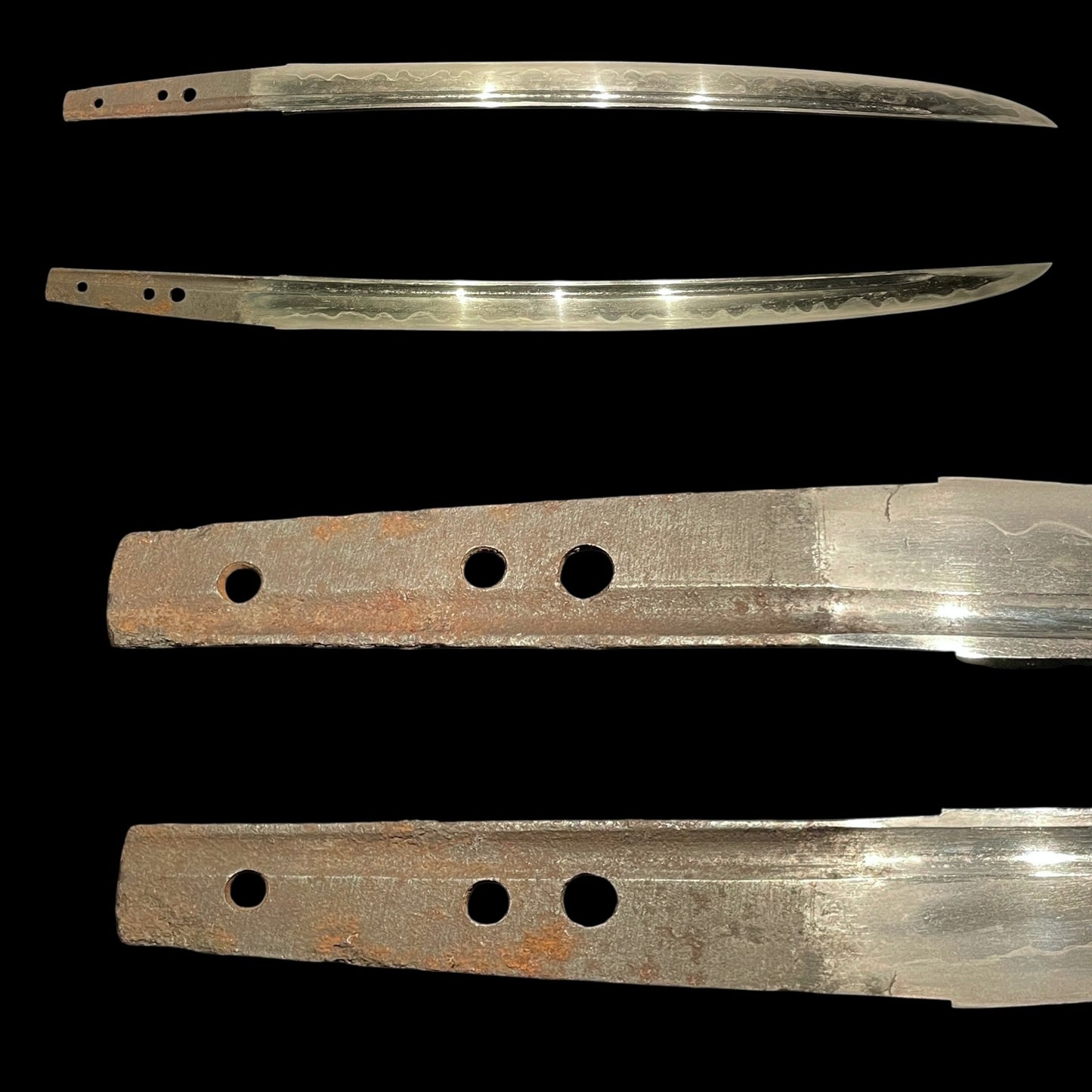 Hirazukuri Wakizashi, Frogs and Willows Fuchi, Bohi 棒樋 blade, Muromachi period mumei