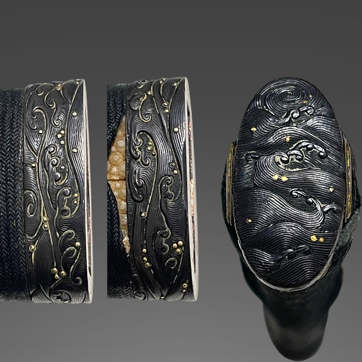 Dragon Tsuba and Menuki, Long Wakizashi, Wave Fuchikashira, Edo period mumei