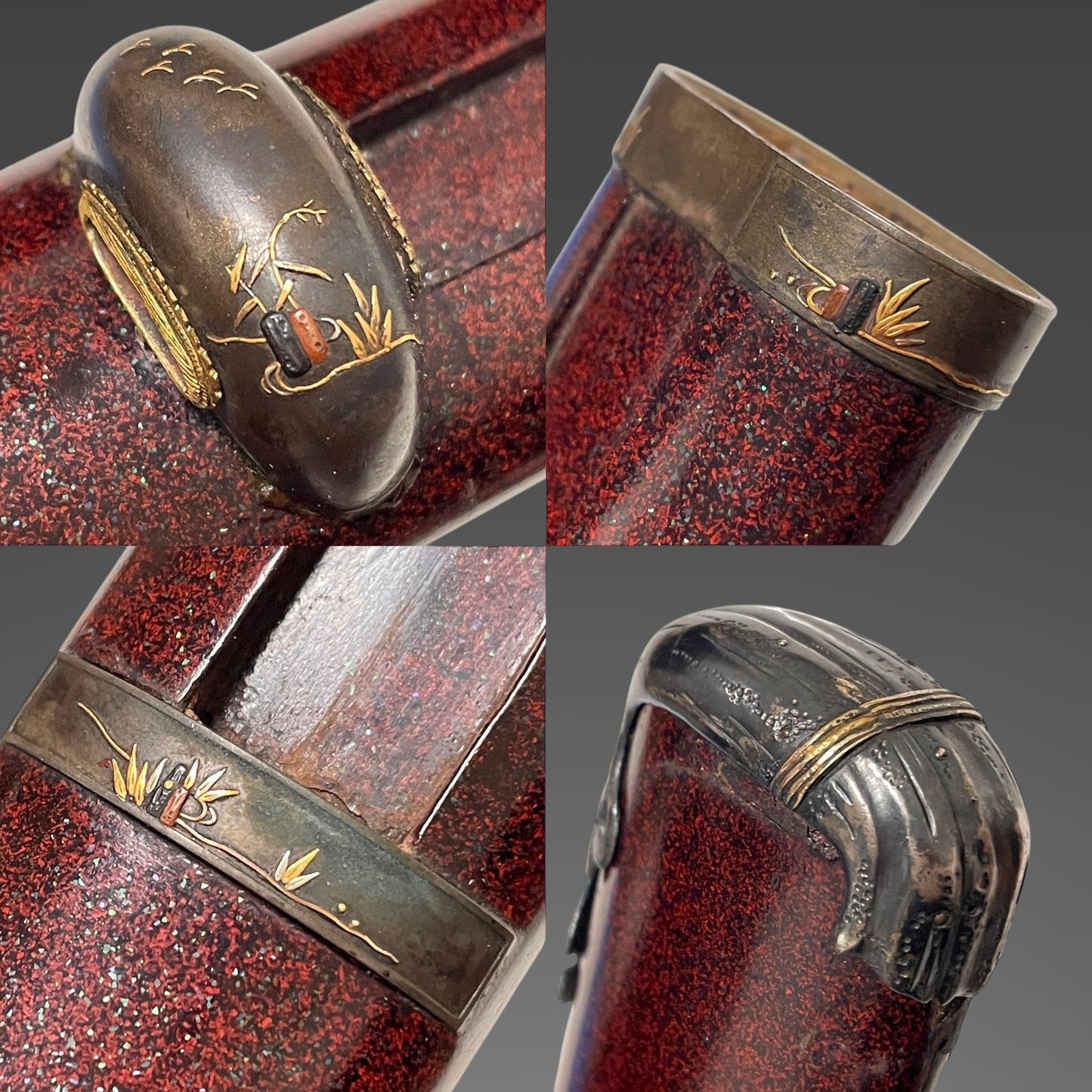 Red Wakizashi Shibuichi Fittings 四分一金具, Signed Fuchi, with Kozuka Kogai,  Edo