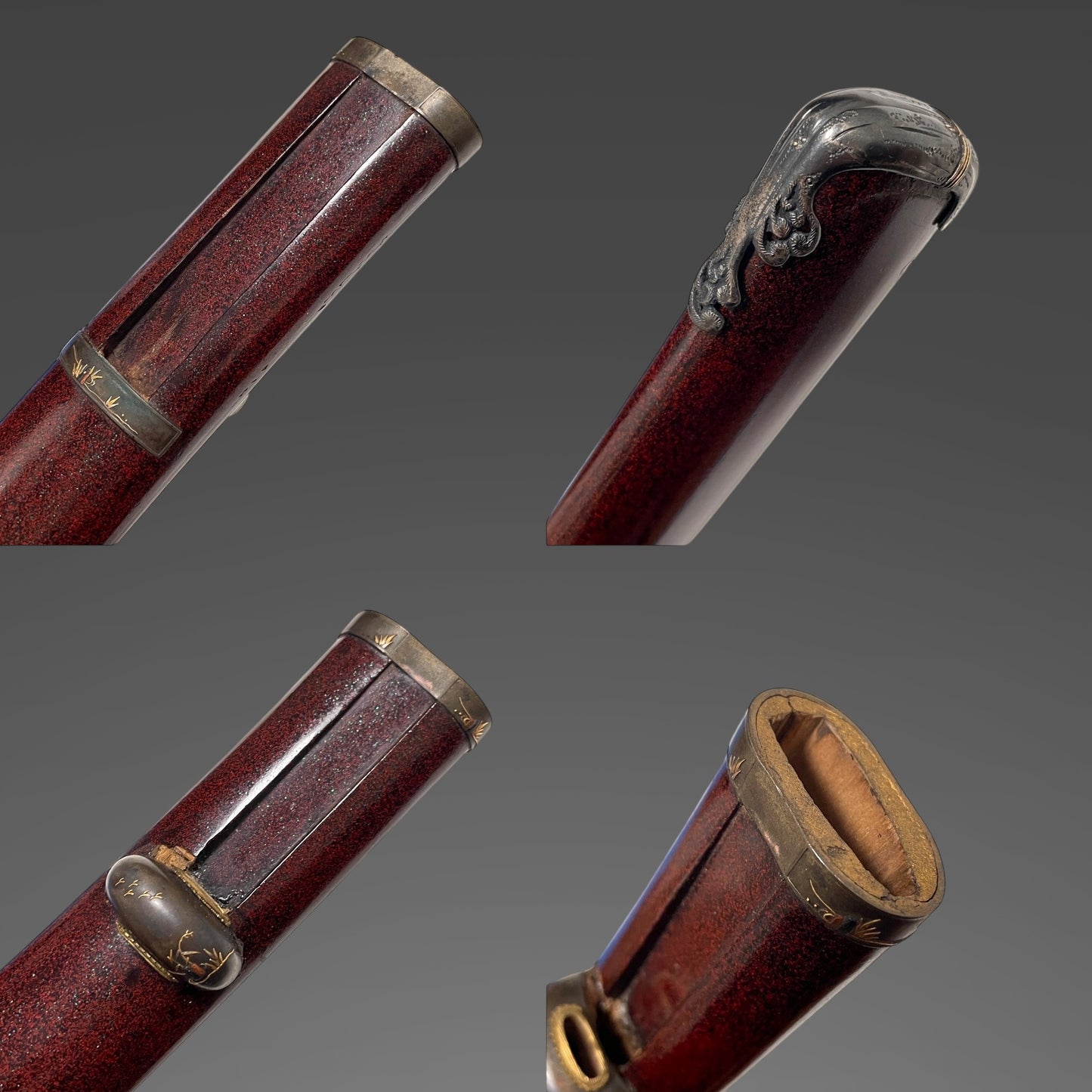 Red Wakizashi Shibuichi Fittings 四分一金具, Signed Fuchi, with Kozuka Kogai,  Edo
