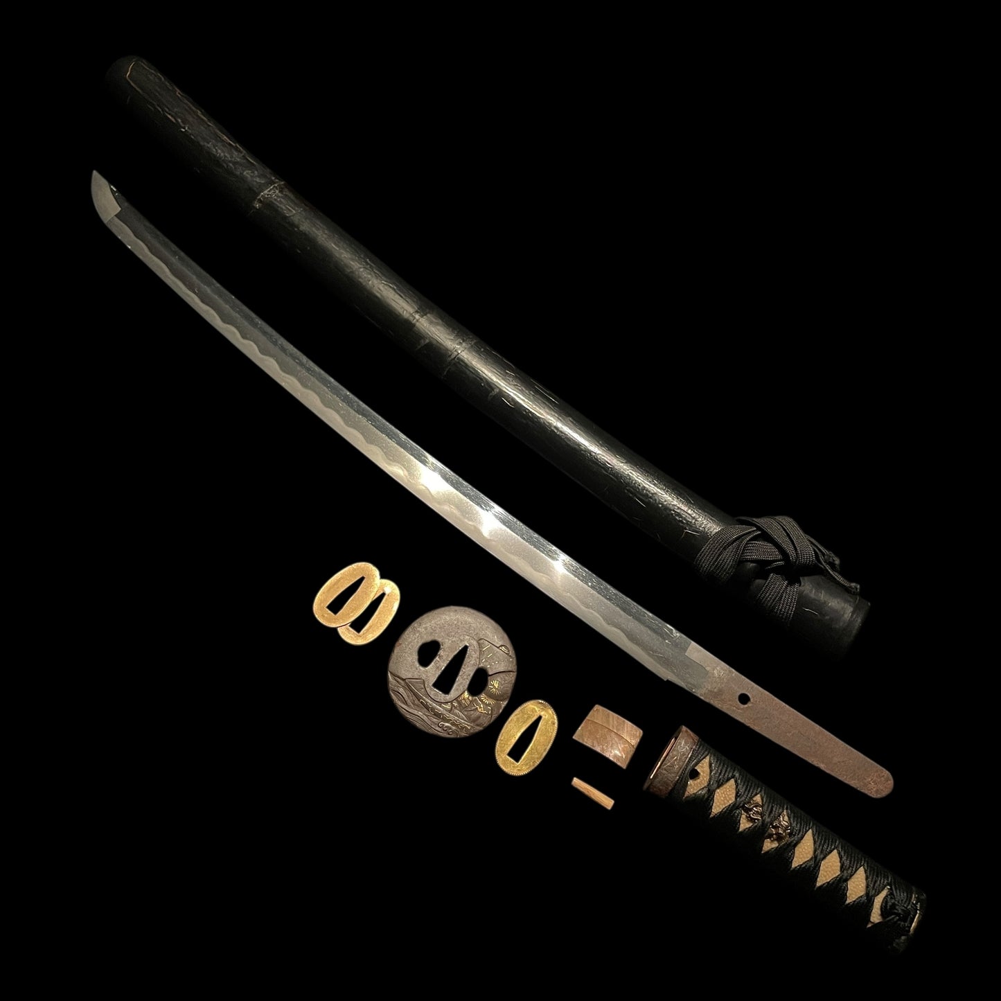 Midareab 乱刃 WAKIZASHI, Takarabune 宝船 TSUBA, Edo period mumei