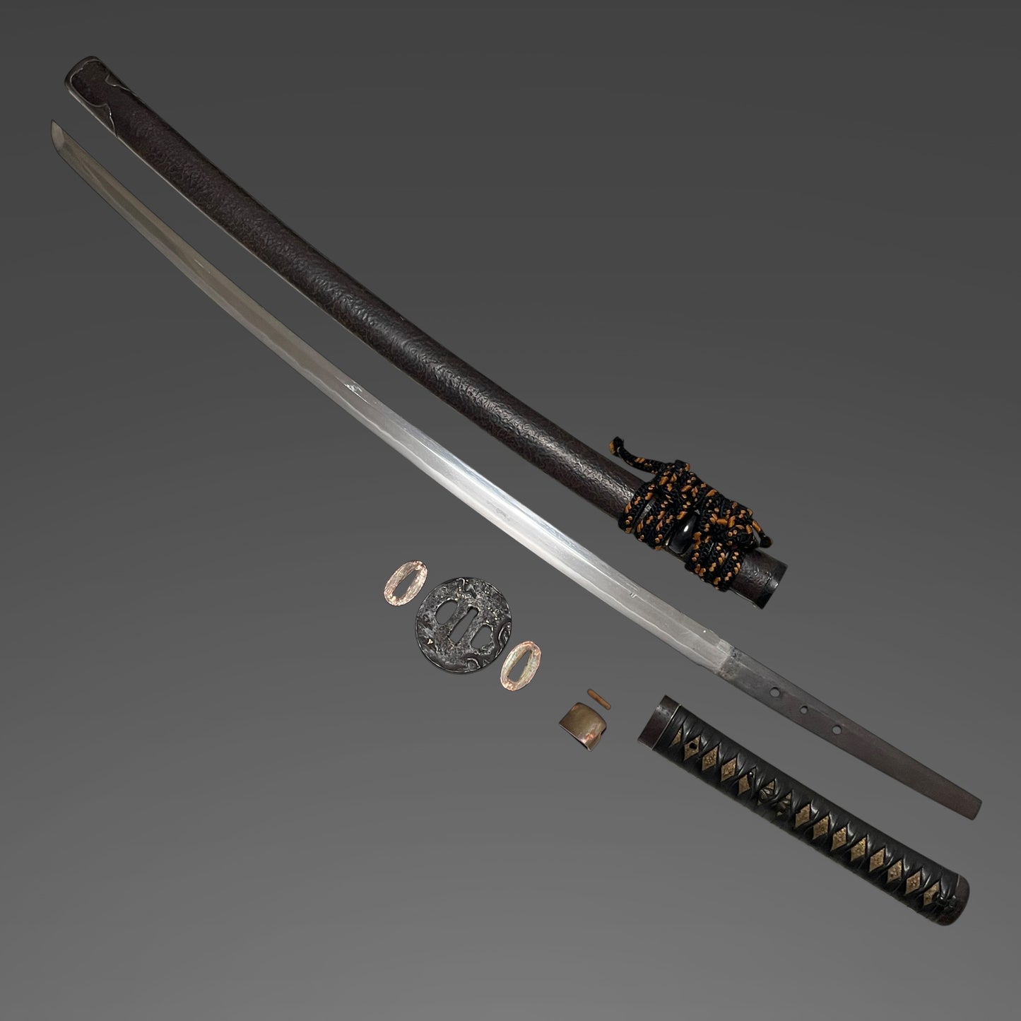 Minamoto Sae 源左衛 signed KATANA, Shakudo Myoga Menuki, Iron Fittings, Muromachi period