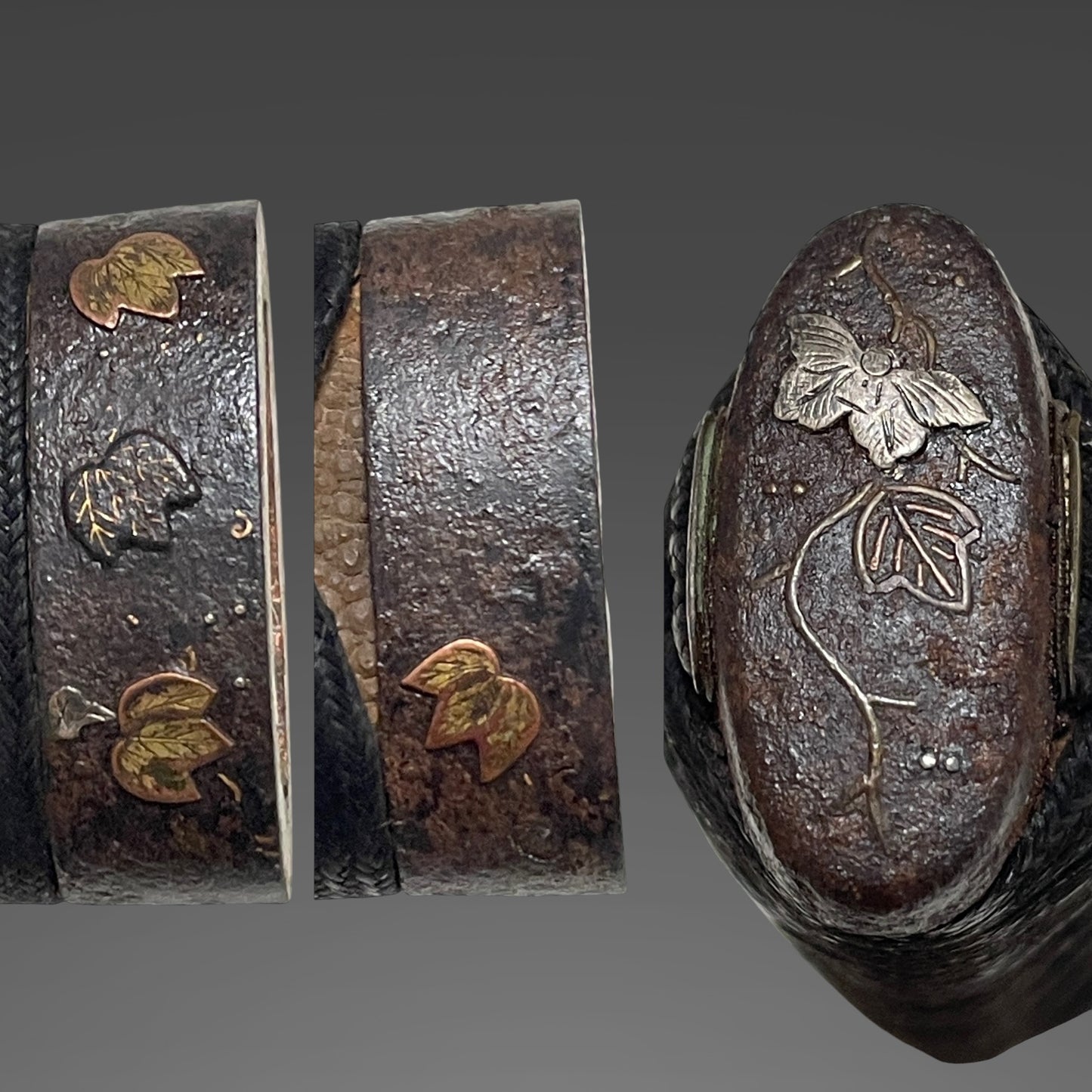 Tsutamon Fuchikashira 蔦紋縁頭 Long Wakizashi, Shakudo Shishi Menuki, Edo period mumei